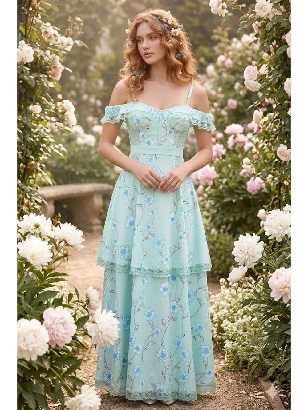 Corset Story Dress 20" Fairycore Sleeved Blue Off Shoulder Steel Boned Regency